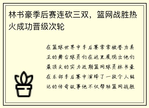 林书豪季后赛连砍三双，篮网战胜热火成功晋级次轮