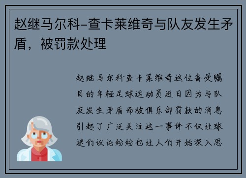 赵继马尔科-查卡莱维奇与队友发生矛盾，被罚款处理