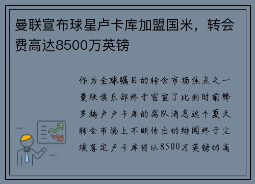 曼联宣布球星卢卡库加盟国米，转会费高达8500万英镑