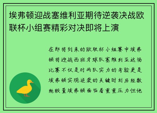 埃弗顿迎战塞维利亚期待逆袭决战欧联杯小组赛精彩对决即将上演