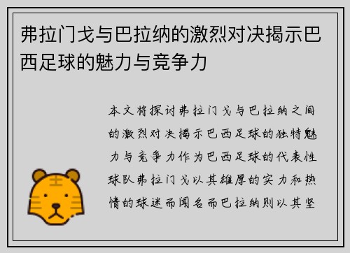 弗拉门戈与巴拉纳的激烈对决揭示巴西足球的魅力与竞争力