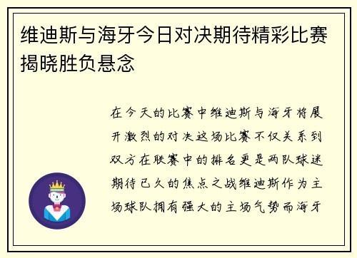 维迪斯与海牙今日对决期待精彩比赛揭晓胜负悬念