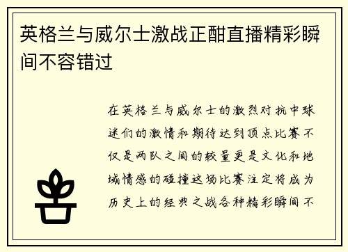 英格兰与威尔士激战正酣直播精彩瞬间不容错过