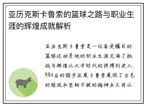 亚历克斯卡鲁索的篮球之路与职业生涯的辉煌成就解析