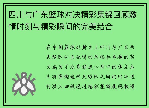 四川与广东篮球对决精彩集锦回顾激情时刻与精彩瞬间的完美结合