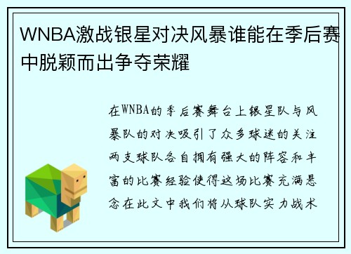 WNBA激战银星对决风暴谁能在季后赛中脱颖而出争夺荣耀