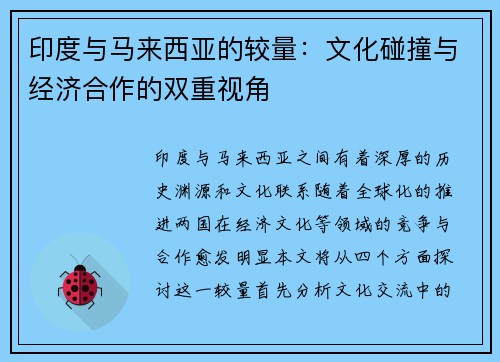 印度与马来西亚的较量：文化碰撞与经济合作的双重视角