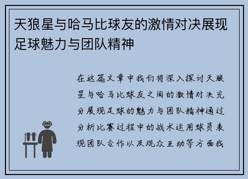 天狼星与哈马比球友的激情对决展现足球魅力与团队精神