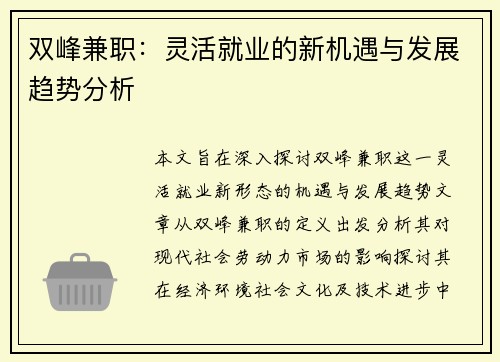 双峰兼职：灵活就业的新机遇与发展趋势分析