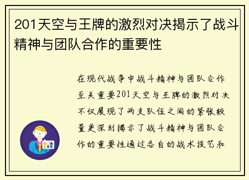 201天空与王牌的激烈对决揭示了战斗精神与团队合作的重要性