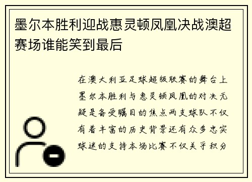 墨尔本胜利迎战惠灵顿凤凰决战澳超赛场谁能笑到最后