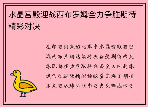 水晶宫殿迎战西布罗姆全力争胜期待精彩对决