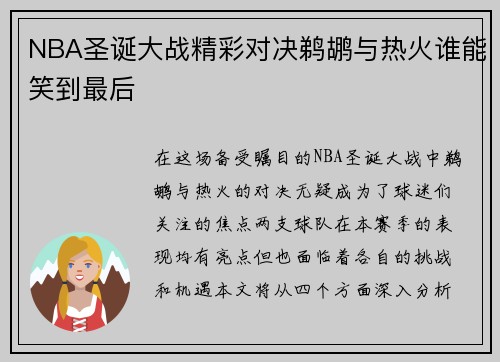 NBA圣诞大战精彩对决鹈鹕与热火谁能笑到最后