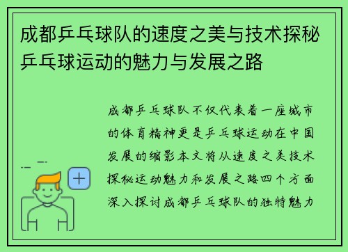 成都乒乓球队的速度之美与技术探秘乒乓球运动的魅力与发展之路