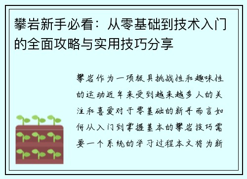 攀岩新手必看：从零基础到技术入门的全面攻略与实用技巧分享