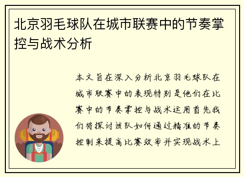 北京羽毛球队在城市联赛中的节奏掌控与战术分析