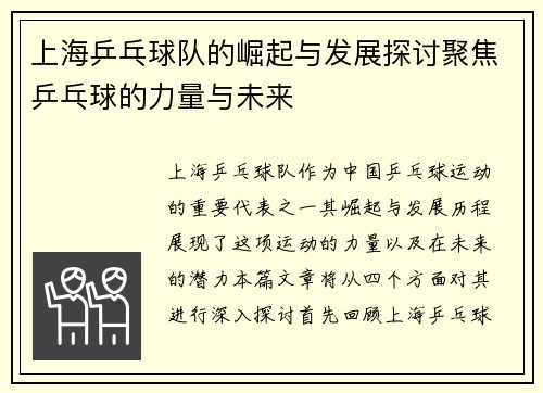 上海乒乓球队的崛起与发展探讨聚焦乒乓球的力量与未来