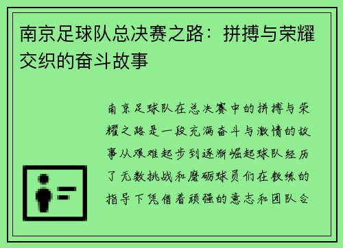 南京足球队总决赛之路：拼搏与荣耀交织的奋斗故事