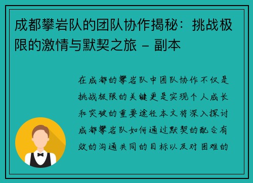 成都攀岩队的团队协作揭秘：挑战极限的激情与默契之旅 - 副本