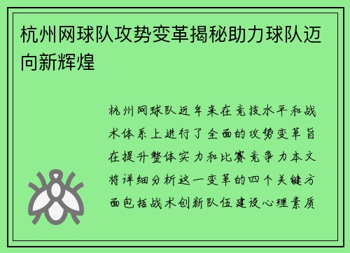 杭州网球队攻势变革揭秘助力球队迈向新辉煌